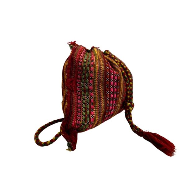 Handmade Knitted Backpack Multicolor Striped With Geometric Pattern Drawstrings - Picture 4 of 9